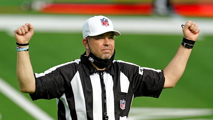 Nov 8, 2020; Inglewood, California, USA; NFL referee Brad Rogers makes a call during the first half at SoFi Stadium during a game between the Las Vegas Raiders and the Los Angeles Chargers.