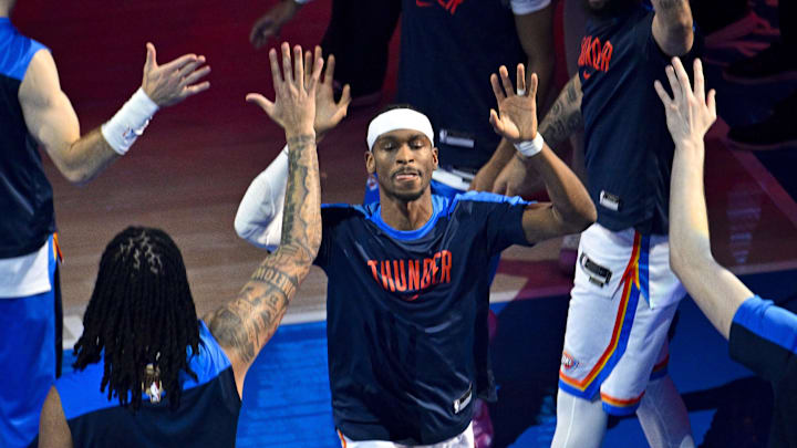 Jun 16, 2025; Oklahoma City, Oklahoma, USA; Oklahoma City Thunder guard Shai Gilgeous-Alexander (2) is introduced before the game between the Oklahoma City Thunder and the Indiana Pacers in game five of the 2025 NBA Finals at Paycom Center. Mandatory Credit: Jerome Miron-Imagn Images