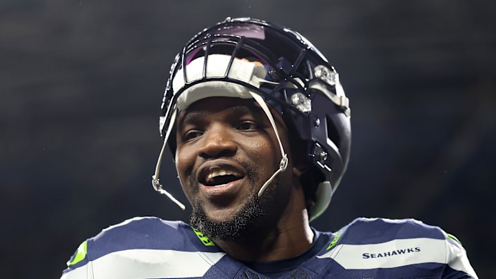 Boye Mafe of the Seattle Seahawks smiles