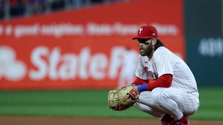 Oct 24, 2023; Philadelphia, Pennsylvania, USA; Philadelphia Phillies first baseman Bryce Harper (3)