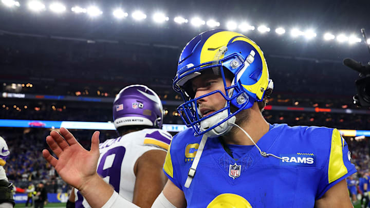 Jan 13, 2025; Glendale, AZ, USA; Los Angeles Rams quarterback Matthew Stafford (9) reacts against the Minnesota Vikings after the  NFC wild card game at State Farm Stadium. Mandatory Credit: Mark J. Rebilas-Imagn Images