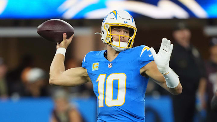 Los Angeles Chargers quarterback Justin Herbert (10) pass against the Philadelphia Eagles in the first half at SoFi Stadium. Los Angeles Chargers quarterback Justin Herbert (10) pass against the Philadelphia Eagles in the first half at SoFi Stadium.