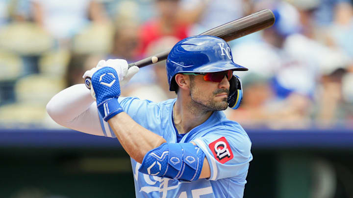 Jul 30, 2025; Kansas City, Missouri, USA; Kansas City Royals right fielder Randal Grichuk (15) bats during the second inning against the Atlanta Braves at Kauffman Stadium. Mandatory Credit: Jay Biggerstaff-Imagn Images