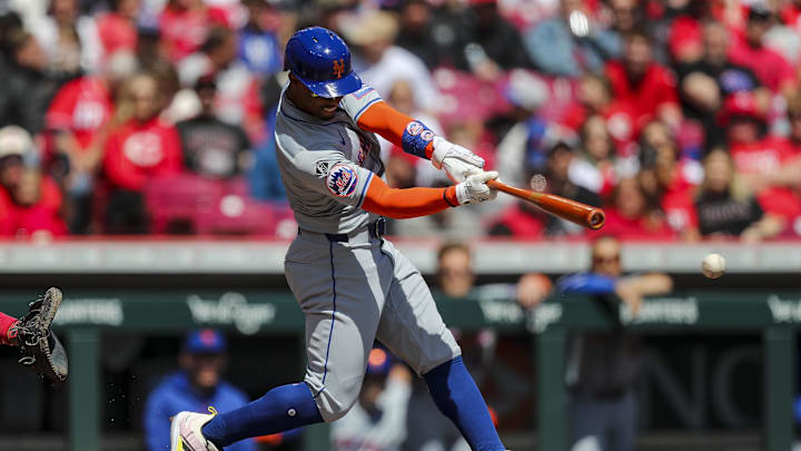 Apr 7, 2024; Cincinnati, Ohio, USA; New York Mets shortstop Francisco Lindor (12) hits a double