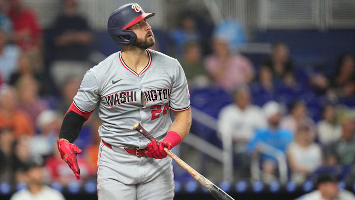 Sep 3, 2024; Miami, Florida, USA; Washington Nationals first baseman Joey Gallo (24) watches his three-run home run during the fourth inning against the Miami Marlins at loanDepot Park. Sep 3, 2024; Miami, Florida, USA; Washington Nationals first baseman Joey Gallo (24) watches his three-run home run during the fourth inning against the Miami Marlins at loanDepot Park.