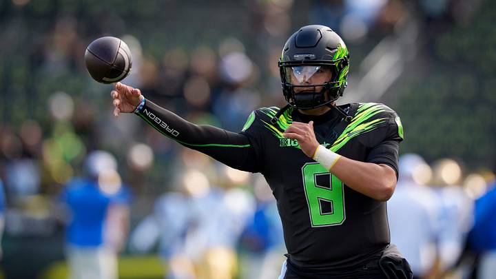 Oregon quarterback Dylan Raiola throws a pass during warmups as the Oregon Ducks host the UCLA Bruins on Oct. 10, 2026, at Autzen Stadium in Eugene, Oregon.