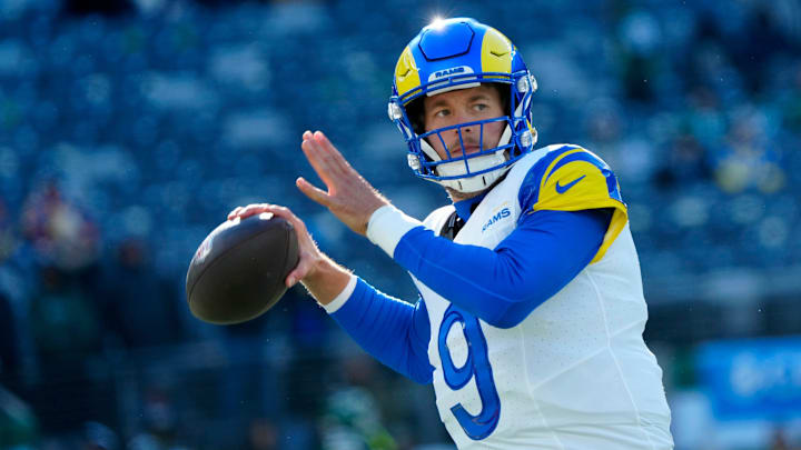 Los Angeles Rams quarterback Matthew Stafford (9) prepares for the game, Sunday, December 22, 2024, at East Rutherford.