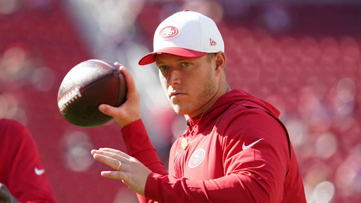 Aug 9, 2025; Santa Clara, California, USA; San Francisco 49ers running back Christian McCaffrey (23) warms up before the game against the Denver Broncos at Levi's Stadium. Mandatory Credit: David Gonzales-Imagn Images Aug 9, 2025; Santa Clara, California, USA; San Francisco 49ers running back Christian McCaffrey (23) warms up before the game against the Denver Broncos at Levi's Stadium. Mandatory Credit: David Gonzales-Imagn Images