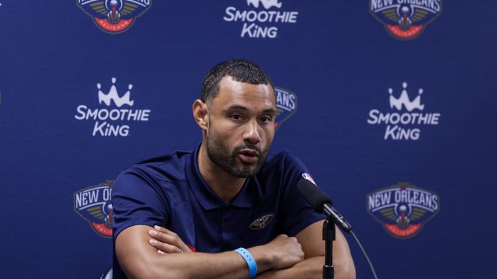 Sep 26, 2022; New Orleans, LA, USA;  New Orleans Pelicans general manager Trajan Langdon during a press conference at the New Orleans Pelicans Media Day from the Smoothie King Center. Mandatory Credit: Stephen Lew-USA TODAY Sports
