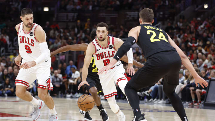 Nov 6, 2023; Chicago, Illinois, USA; Chicago Bulls guard Zach LaVine (8)drives to the basket against Utah Jazz center Walker Kessler (24) during the second half at United Center. Mandatory Credit: Kamil Krzaczynski-USA TODAY Sports