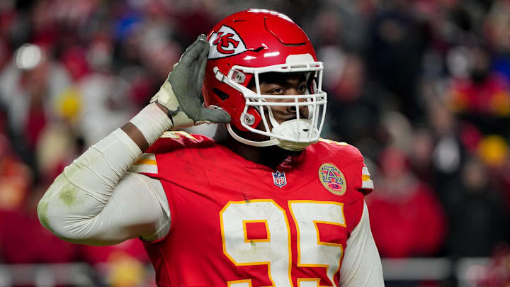 Dec 7, 2025; Kansas City, Missouri, USA; Kansas City Chiefs defensive tackle Chris Jones (95) celebrates after a play during the third quarter against the Houston Texans at GEHA Field at Arrowhead Stadium. Mandatory Credit: Denny Medley-Imagn Images Dec 7, 2025; Kansas City, Missouri, USA; Kansas City Chiefs defensive tackle Chris Jones (95) celebrates after a play during the third quarter against the Houston Texans at GEHA Field at Arrowhead Stadium. Mandatory Credit: Denny Medley-Imagn Images