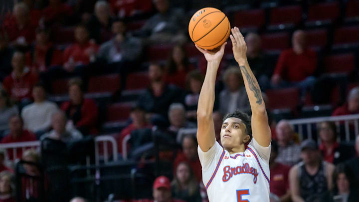 Bradley's Christian Davis puts up a three-pointer against Cleveland State in the second half of