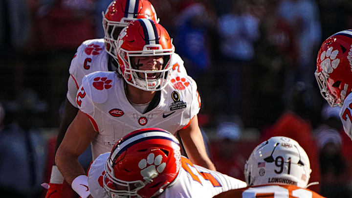 Clemson quarterback Cade Klubnik (2) yells intructions to his team during the game against the Texas Longhorns in the first round of the College Football Playoffs at Darrell K Royal-Texas Memorial Stadium on Saturday, Dec. 21, 2024.