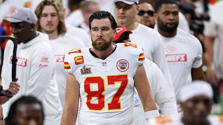 Feb 9, 2025; New Orleans, LA, USA; Kansas City Chiefs tight end Travis Kelce (87) looks on before Super Bowl LIX between the Philadelphia Eagles and the Kansas City Chiefs at Caesars Superdome. Mandatory Credit: Bill Streicher-Imagn Images