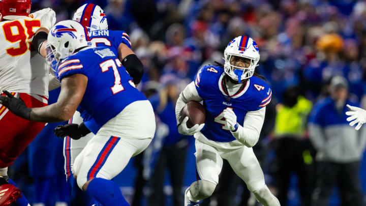 Jan 21, 2024; Orchard Park, NY; Buffalo Bills running back James Cook (4) against the Kansas City Chiefs in the 2024 AFC divisional round game at Highmark Stadium. Jan 21, 2024; Orchard Park, NY; Buffalo Bills running back James Cook (4) against the Kansas City Chiefs in the 2024 AFC divisional round game at Highmark Stadium.