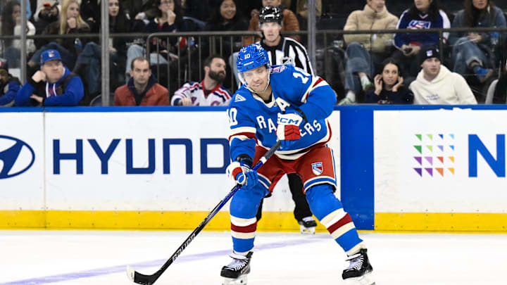 Nov 16, 2025; New York, New York, USA; New York Rangers left wing Artemi Panarin (10) passes the puck against the Detroit Red Wings during the third period at Madison Square Garden. Mandatory Credit: John Jones-Imagn Images Nov 16, 2025; New York, New York, USA; New York Rangers left wing Artemi Panarin (10) passes the puck against the Detroit Red Wings during the third period at Madison Square Garden. Mandatory Credit: John Jones-Imagn Images