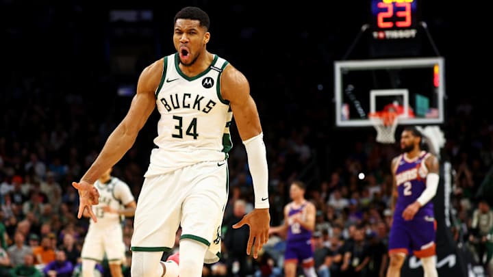 Mar 24, 2025; Phoenix, Arizona, USA; Milwaukee Bucks forward Giannis Antetokounmpo (34) reacts after a play during the second quarter against the Phoenix Suns at Footprint Center. Mandatory Credit: Mark J. Rebilas-Imagn Images Mar 24, 2025; Phoenix, Arizona, USA; Milwaukee Bucks forward Giannis Antetokounmpo (34) reacts after a play during the second quarter against the Phoenix Suns at Footprint Center. Mandatory Credit: Mark J. Rebilas-Imagn Images