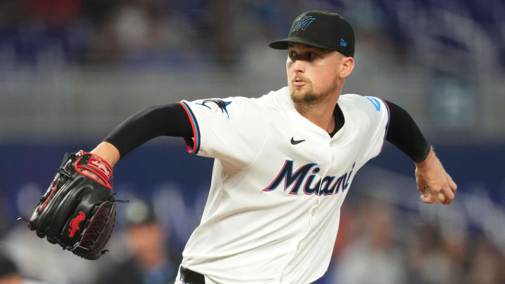 Jun 17, 2024; Miami, Florida, USA;  Miami Marlins starting pitcher Braxton Garrett (29) pitches against the St. Louis Cardinals in the first inning at loanDepot Park.