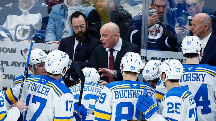Jan 20, 2026; Winnipeg, Manitoba, CAN; St. Louis Blues coach Jim Montgomery strategizes against the Winnipeg Jets during the third period at Canada Life Centre. Mandatory Credit: Terrence Lee-Imagn Images