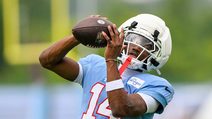 Aug 3, 2026; Nashville, TN, USA;  Tennessee Titans wider receiver Carnell Tate (14) makes a catch during training camp at Vanderbilt Health Football Center. Mandatory Credit: Steve Roberts-Imagn Images