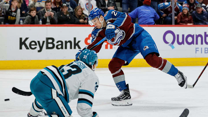 Dec 17, 2023; Denver, Colorado, USA; Colorado Avalanche center Nathan MacKinnon (29) attempts a shot