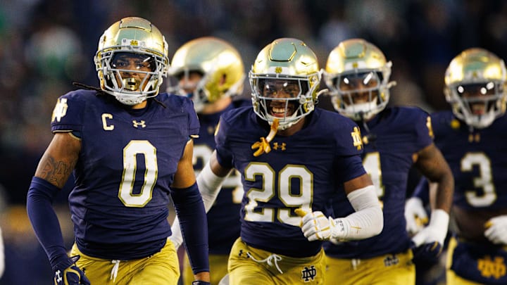 Notre Dame safety Xavier Watts (0) celebrates getting an interception during a NCAA college football game against Virginia at Notre Dame Stadium on Saturday, Nov. 16, 2024, in South Bend.