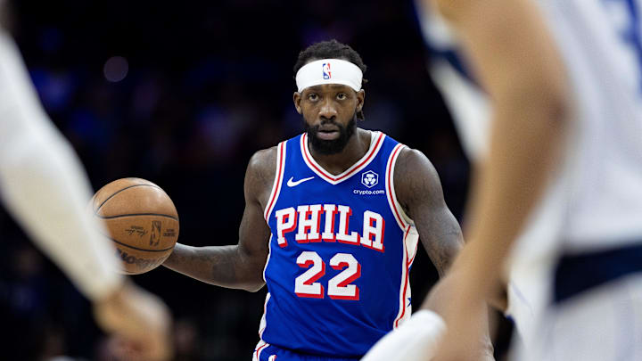Feb 5, 2024; Philadelphia, Pennsylvania, USA; Philadelphia 76ers guard Patrick Beverley (22) dribbles the ball against the Dallas Mavericks during the fourth quarter at Wells Fargo Center. Mandatory Credit: Bill Streicher-Imagn Images