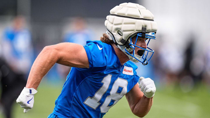 Detroit Lions wide receiver Isaac TeSlaa (18) runs a drill during training camp at Meijer Performance Center in Allen Park on Sunday, July 20, 2025.