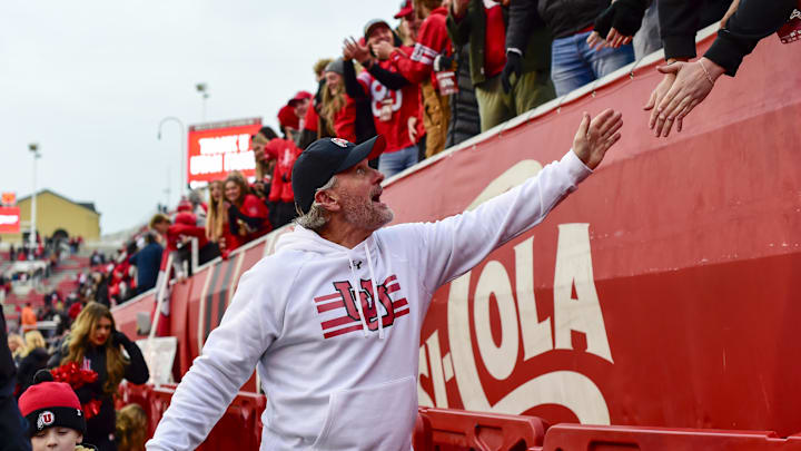 Utah Utes head coach Kyle Whittingham thanks the fans after defeating the Colorado Buffaloes at Rice-Eccles Stadium.