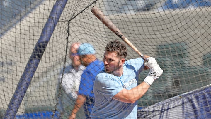 Toronto Blue Jays second baseman Spencer Horwitz (48) takes batting practice before a game against the Philadelphia Phillies at Rogers Centre in 2024.