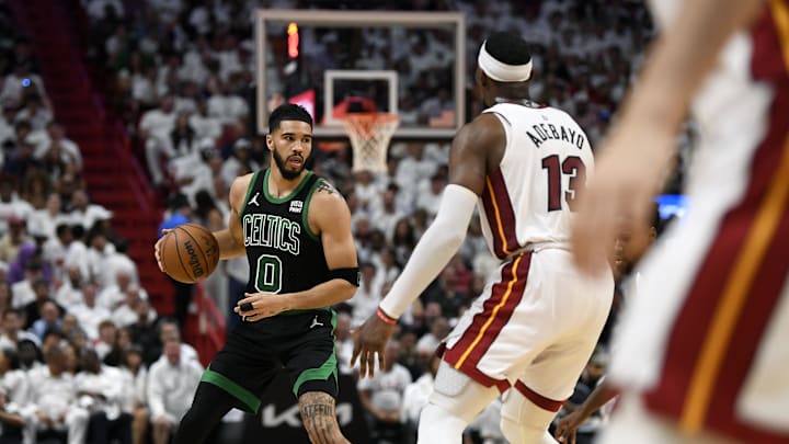 Apr 29, 2024; Miami, Florida, USA; Boston Celtics forward Jayson Tatum (0) reads the Miami Heat defense during the second quarter of game four of the first round for the 2024 NBA playoffs at Kaseya Center. Mandatory Credit: Michael Laughlin-Imagn Images