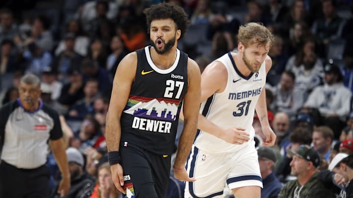 Nov 24, 2025; Memphis, Tennessee, USA; Denver Nuggets guard Jamal Murray (27) reacts after a three point basket during the fourth quarter against the Memphis Grizzlies at FedExForum. Mandatory Credit: Petre Thomas-Imagn Images