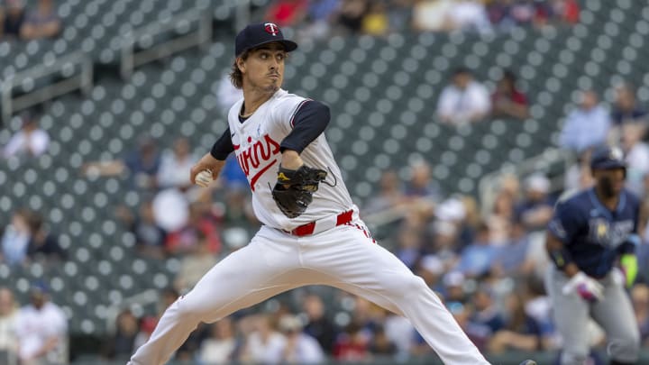 Minnesota Twins starting pitcher Joe Ryan (41) delivers a pitch against the Tampa Bay Rays in the first inning at Target Field in Minneapolis on June 19, 2024.