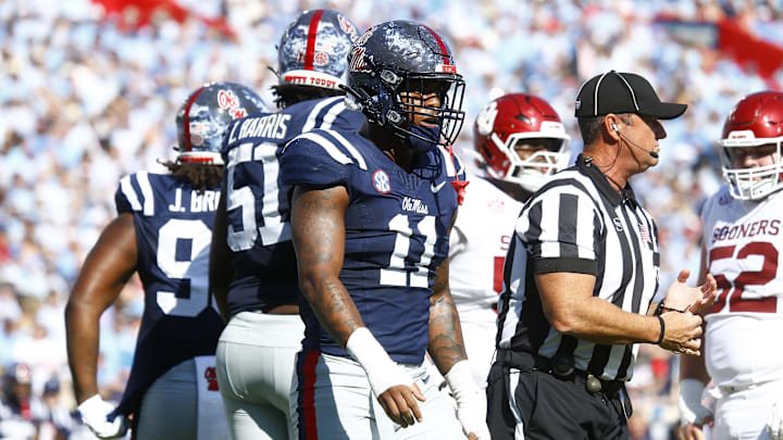 Oct 26, 2024; Oxford, Mississippi, USA; Mississippi Rebels linebacker Chris Paul Jr. (11) waits for the snap during the first half against the Oklahoma Sooners at Vaught-Hemingway Stadium. Mandatory Credit: Petre Thomas-Imagn Images Oct 26, 2024; Oxford, Mississippi, USA; Mississippi Rebels linebacker Chris Paul Jr. (11) waits for the snap during the first half against the Oklahoma Sooners at Vaught-Hemingway Stadium. Mandatory Credit: Petre Thomas-Imagn Images
