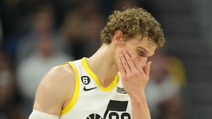 Nov 25, 2022; San Francisco, California, USA; Utah Jazz forward Lauri Markkanen (23) reacts during the second quarter against the Golden State Warriors at Chase Center. Mandatory Credit: Darren Yamashita-Imagn Images Nov 25, 2022; San Francisco, California, USA; Utah Jazz forward Lauri Markkanen (23) reacts during the second quarter against the Golden State Warriors at Chase Center. Mandatory Credit: Darren Yamashita-Imagn Images