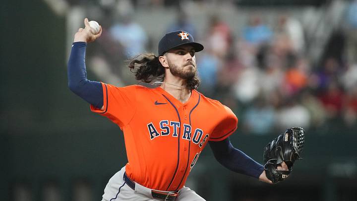 May 28, 2026; Arlington, Texas, USA;  Houston Astros pitcher Spencer Arrighetti (41) throws to the plate against the Texas Rangers during the first inning at Globe Life Field. Mandatory Credit: Raymond Carlin III-Imagn Images