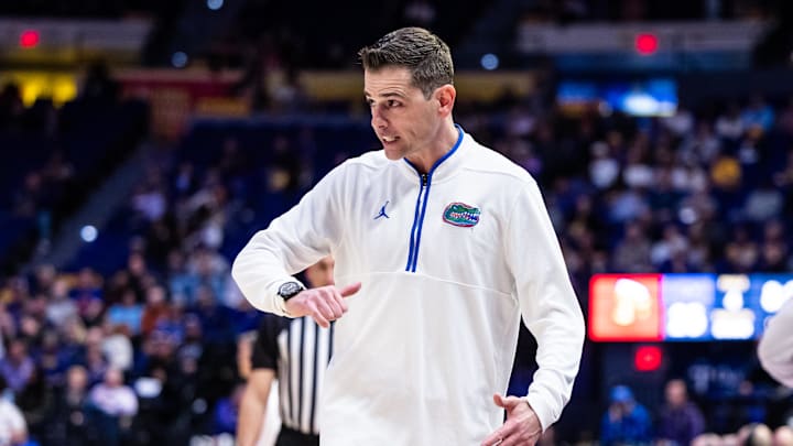 Feb 22, 2025; Baton Rouge, Louisiana, USA;  Florida Gators head coach Todd Golden gives direction against the LSU Tigers during the first half at Pete Maravich Assembly Center. Mandatory Credit: Stephen Lew-Imagn Images