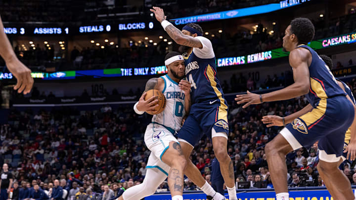 Jan 17, 2024; New Orleans, Louisiana, USA; Charlotte Hornets forward Miles Bridges (0) dribbles vs. New Orleans. 