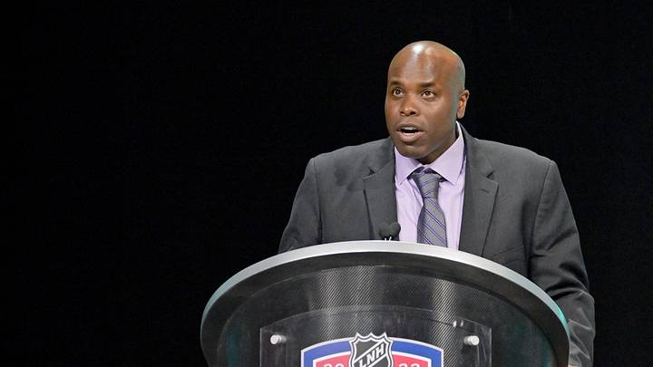 Jul 7, 2022; Montreal, Quebec, CANADA; San Jose Sharks general manager Mike Grier gives a speech in memory of former player and scout Bryan Marchment before Filip Bystedt (not pictured) is selected as the number twenty-seven overall pick to the San Jose Sharks in the first round of the 2022 NHL Draft at Bell Centre. Mandatory Credit: Eric Bolte-Imagn Images