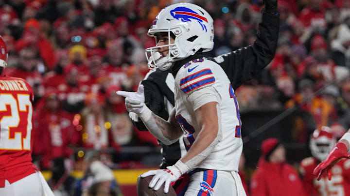 Buffalo Bills wide receiver Khalil Shakir (10) reacts against the Kansas City Chiefs in the AFC Championship game at GEHA Field at Arrowhead Stadium. Buffalo Bills wide receiver Khalil Shakir (10) reacts against the Kansas City Chiefs in the AFC Championship game at GEHA Field at Arrowhead Stadium.