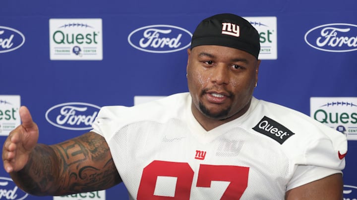 New York Giants defensive tackle Dexter Lawrence II (97) talks with media during training camp at Quest Diagnostics Training Center. New York Giants defensive tackle Dexter Lawrence II (97) talks with media during training camp at Quest Diagnostics Training Center.