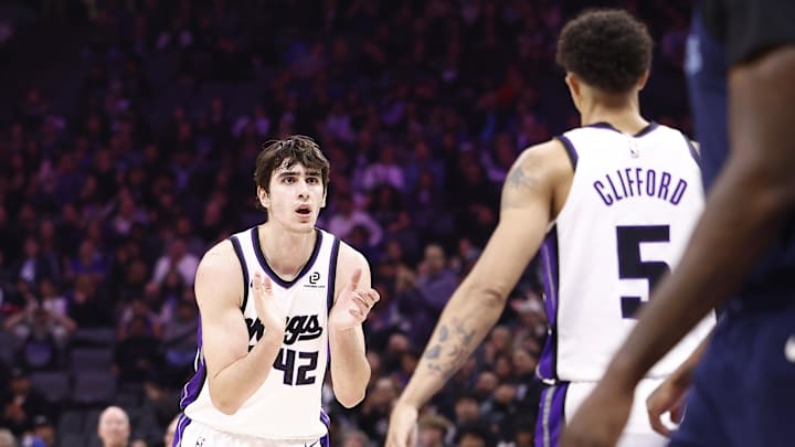 Nov 30, 2025; Sacramento, California, USA; Sacramento Kings center Maxime Raynaud (42) claps towards guard Nique Clifford (5) at the end of the first quarter against the Memphis Grizzlies at Golden 1 Center. Mandatory Credit: Kelley L Cox-Imagn Images Nov 30, 2025; Sacramento, California, USA; Sacramento Kings center Maxime Raynaud (42) claps towards guard Nique Clifford (5) at the end of the first quarter against the Memphis Grizzlies at Golden 1 Center. Mandatory Credit: Kelley L Cox-Imagn Images
