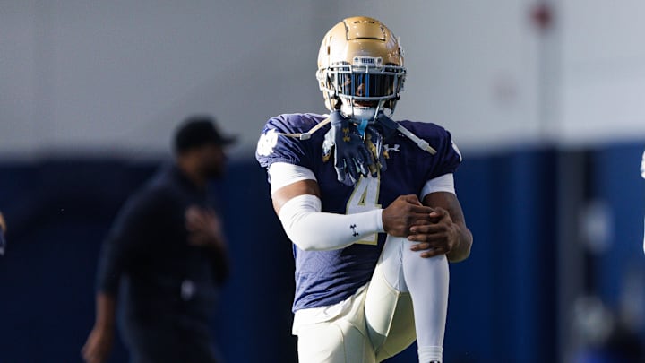 Notre Dame running back Jeremiyah Love during a Notre Dame football spring practice at Irish Athletic Center on Wednesday, March 26, 2025, in South Bend.