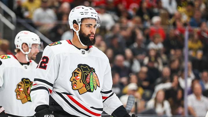 Sep 29, 2026; Las Vegas, Nevada, USA; Chicago Blackhawks left wing Jordan Greenway (12) on the ice against the Vegas Golden Knights during the first period at T-Mobile Arena. Mandatory Credit: Christopher Trim-Imagn Images
