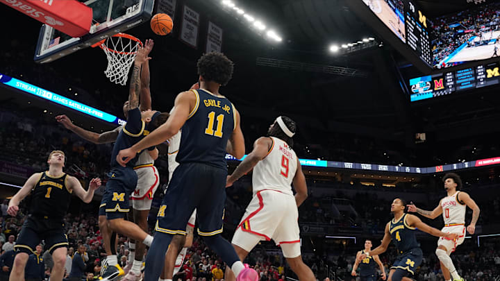 Mar 15, 2025; Indianapolis, IN, USA; Michigan Wolverines guard Tre Donaldson (3) makes the game-winning layup during the second half against the Maryland Terrapins at Gainbridge Fieldhouse. Mandatory Credit: Robert Goddin-Imagn Images