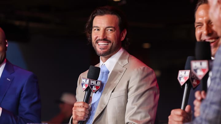 Jul 13, 2025; Atlanta, GA, USA; Tennessee Volunteers head coach Tony Vitello speaks with MLB Network during the MLB Draft at The Coca-Cola Roxy. Mandatory Credit: Brett Davis-Imagn Images