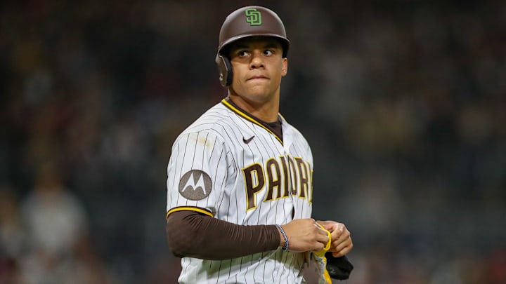 May 20, 2023; San Diego, California, USA; San Diego Padres left fielder Juan Soto (22) walks to