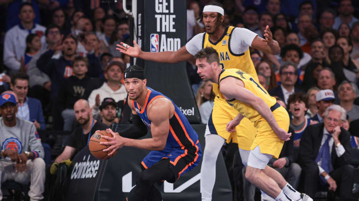 May 14, 2024; New York, New York, USA; New York Knicks guard Josh Hart (3) looks pass in front of Indiana Pacers guard T.J. McConnell (9) and center Myles Turner (33) during the second half during game five of the second round for the 2024 NBA playoffs at Madison Square Garden. Mandatory Credit: Vincent Carchietta-USA TODAY Sports