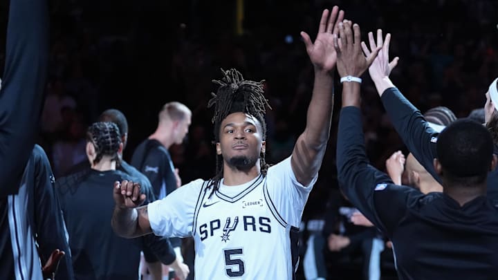 Mar 30, 2026; San Antonio, Texas, USA;  San Antonio Spurs guard Stephon Castle (5) is introduced before the game against the Chicago Bulls at Frost Bank Center. 