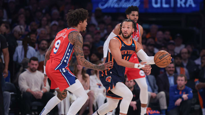 Apr 22, 2024; New York, New York, USA;  New York Knicks guard Jalen Brunson (11) looks to pass as